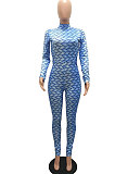 Blue Women Fashion Autumn Winter Sexy Stand Collar Tight Printing Long Sleeve Milk Silk Zipper Bodycon Jumpsuits MR2116-1