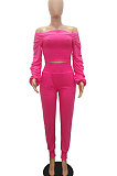 Black Women Lantern sleeve Pure Color Bodycon Fashion A Word Shoulder Elastic Force Pants Sets MR2117-2