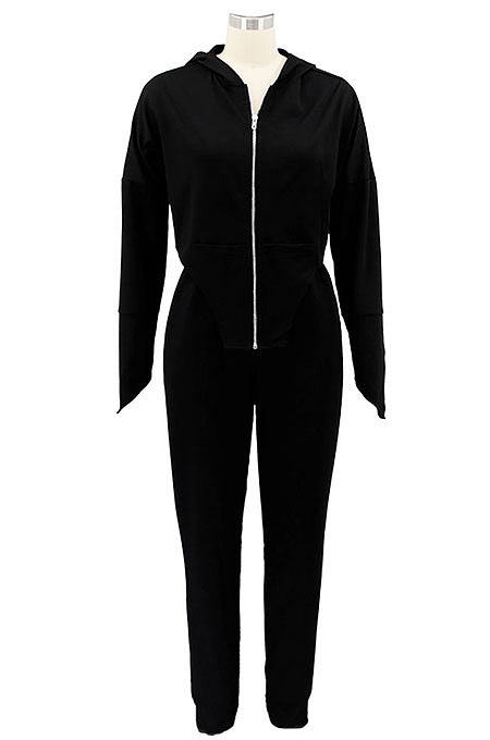 Khaki Euramerican Pure Color Zipper Hooded Lady Long Sleeve Long Pants Casual Sport Two-Pieces KZ2136-4