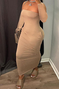 Khaki Elegant Solid Color Strapless Slim Fitting Long Dress YSH86264-4