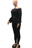 Blue Women Lantern sleeve Pure Color Bodycon Fashion A Word Shoulder Elastic Force Pants Sets MR2117-4