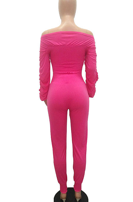 Rose Red Women Lantern sleeve Pure Color Bodycon Fashion A Word Shoulder Elastic Force Pants Sets MR2117-3