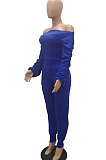 Rose Red Women Lantern sleeve Pure Color Bodycon Fashion A Word Shoulder Elastic Force Pants Sets MR2117-3