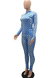 Orange Women Fashion Autumn Winter Sexy Stand Collar Tight Printing Long Sleeve Milk Silk Pants Sets MR2115-1