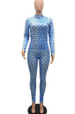 Orange Women Fashion Autumn Winter Sexy Stand Collar Tight Printing Long Sleeve Milk Silk Pants Sets MR2115-1