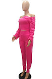 Rose Red Women Lantern sleeve Pure Color Bodycon Fashion A Word Shoulder Elastic Force Pants Sets MR2117-3