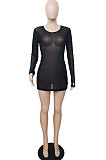 Apricot Sexy Mesh See-Through Long Sleeve Round Collar Solid Color Mini Dress YSH86263-1