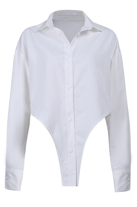 White Women New Pure Color Bodycon Irregular Long Sleeve Loose Cardigan Turn-Down Collar Single-Breasted Shirts FLY21205-1