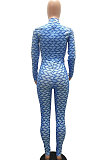 Black Women Fashion Autumn Winter Sexy Stand Collar Tight Printing Long Sleeve Milk Silk Zipper Bodycon Jumpsuits MR2116-3
