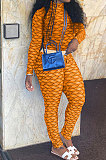 Blue Women Fashion Autumn Winter Sexy Stand Collar Tight Printing Long Sleeve Milk Silk Zipper Pants Sets MR2115-4
