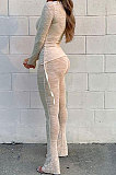 Gray Euramerican Women Trendy Drawsting Long Sleeve Tops Bodycon Solid Color Tiny Flared Pants Sets KLK186110-2
