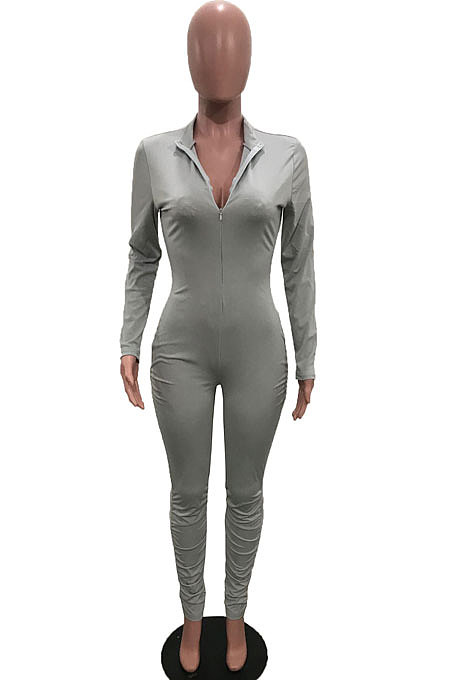Rose Red Cotton Blend Long Sleeve Zip Front Slim Fitting Solid Color Bodycon Jumpsuits YSH86261-1