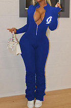 Blue Logo Print Long Sleeve Zip Front Collcet Waist Pure Color Bodycon Jumpsuits LSZ9045-1