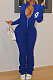 Blue Logo Print Long Sleeve Zip Front Collcet Waist Pure Color Bodycon Jumpsuits LSZ9045-1