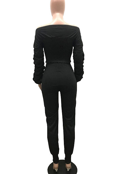 Rose Red Women Lantern sleeve Pure Color Bodycon Fashion A Word Shoulder Elastic Force Pants Sets MR2117-3