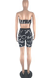 Black Modest Letter Print Strapless High Waist Shorts Two-Piece LSN7117-1