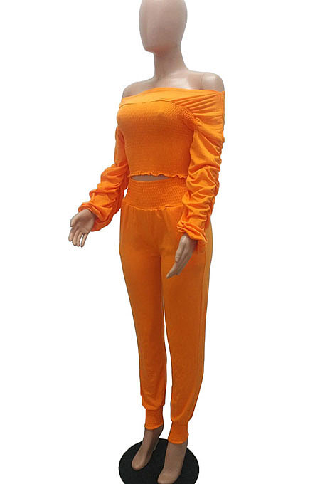 Rose Red Women Lantern sleeve Pure Color Bodycon Fashion A Word Shoulder Elastic Force Pants Sets MR2117-3