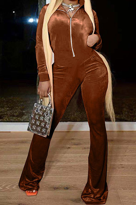 Orange Wholesale Velvet Long Sleeve Zip Front Hoodie Flare Wide Leg Jumpsuits YX9297-1