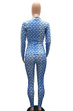 Blue Women Fashion Autumn Winter Sexy Stand Collar Tight Printing Long Sleeve Milk Silk Zipper Pants Sets MR2115-4