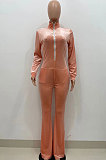 Coffee Wholesale Velvet Long Sleeve Zip Front Hoodie Flare Wide Leg Jumpsuits YX9297-5