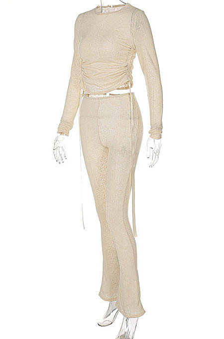 Gray Euramerican Women Trendy Drawsting Long Sleeve Tops Bodycon Solid Color Tiny Flared Pants Sets KLK186110-2