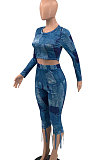 Blue Euramerican Women Fashion Printing Tassel Long Sleeve Pants Sets KKY80049-1
