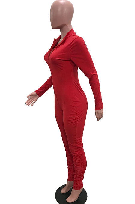 Rose Red Cotton Blend Long Sleeve Zip Front Slim Fitting Solid Color Bodycon Jumpsuits YSH86261-1