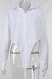 White Women New Pure Color Bodycon Irregular Long Sleeve Loose Cardigan Turn-Down Collar Single-Breasted Shirts FLY21205-1