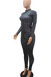 Black Women Fashion Autumn Winter Sexy Stand Collar Tight Printing Long Sleeve Milk Silk Pants Sets MR2115-2