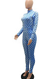 Rose Red Women Fashion Autumn Winter Sexy Stand Collar Tight Printing Long Sleeve Milk Silk Zipper Bodycon Jumpsuits MR2116-4