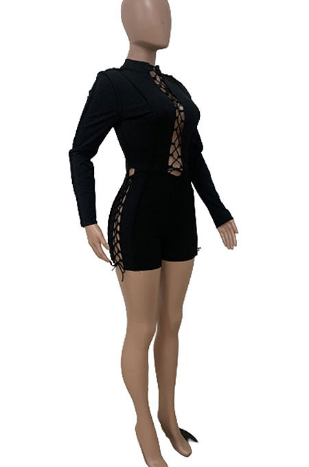 Orange Autumn Winter Euramerican Women Bandage Lacing Hollow Out Long Sleeve Romper Shorts LD81027-3