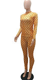 Blue Women Fashion Autumn Winter Sexy Stand Collar Tight Printing Long Sleeve Milk Silk Zipper Pants Sets MR2115-4
