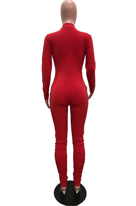 Red Cotton Blend Long Sleeve Zip Front Slim Fitting Solid Color Bodycon Jumpsuits YSH86261-2