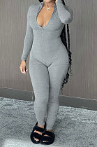 Gray Cotton Blend Long Sleeve Zip Front Slim Fitting Solid Color Bodycon Jumpsuits YSH86261-5