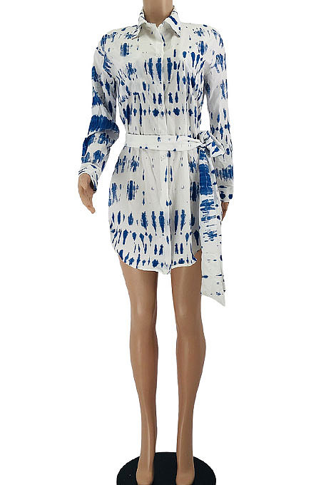 Sky Blue Euramerican Autumn Winter Long Sleeve Printing Cardiagn Tied Button T Shirt/Shirt Dress JZH8085