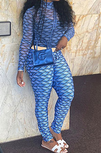 Blue Women Fashion Autumn Winter Sexy Stand Collar Tight Printing Long Sleeve Milk Silk Zipper Pants Sets MR2115-4