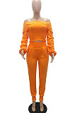 Blue Women Lantern sleeve Pure Color Bodycon Fashion A Word Shoulder Elastic Force Pants Sets MR2117-4