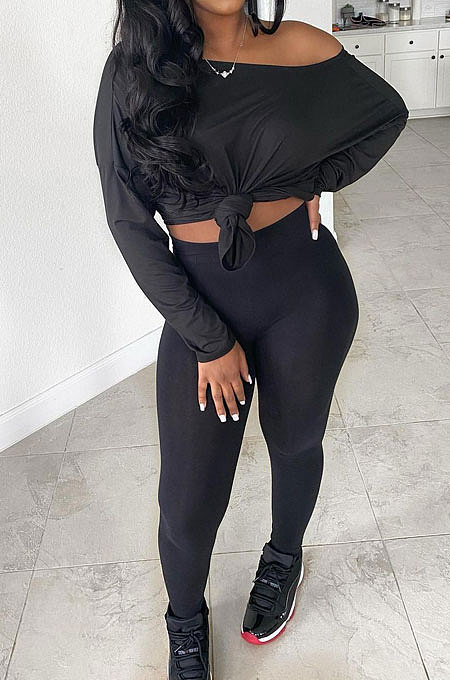 Blue Simple Long Sleeve Loose Top Bodycon Pants Casual Two-Piece LSN7119-1