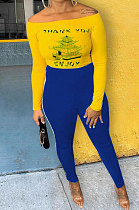 Blue Cotton Blend Print A Wrod Shoulder Long Sleeve T-Shirt Sweat Pants Two-Piece LSN7118-3