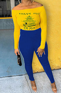 Blue Cotton Blend Print A Wrod Shoulder Long Sleeve T-Shirt Sweat Pants Two-Piece LSN7118-3