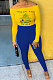 Blue Cotton Blend Print A Wrod Shoulder Long Sleeve T-Shirt Sweat Pants Two-Piece LSN7118-3