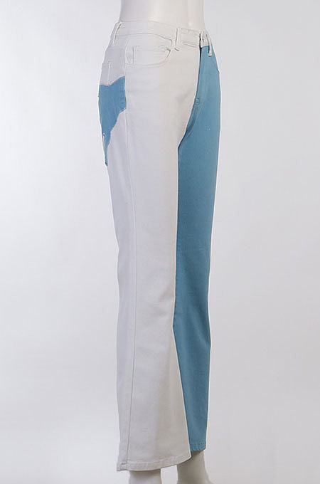 Blue Contrast Color Palm Tight High Waist Spliced Sexy Jeans Pants FLY21444-3