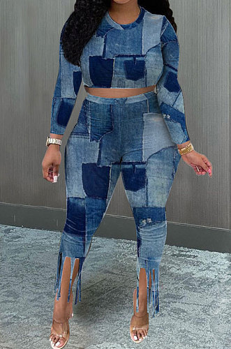 Black Euramerican Women Fashion Printing Tassel Long Sleeve Pants Sets KKY80049-2