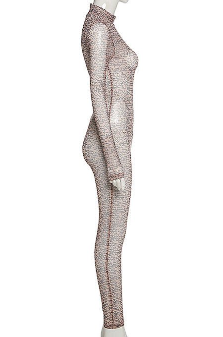 Brown Women Printing Tight Hip Raising Stand Collar Long Sleeve High Waist Bodycon Jumpsuits SX09526