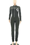 Wine Red Logo Print Long Sleeve Zip Front Collcet Waist Pure Color Bodycon Jumpsuits LSZ9045-2
