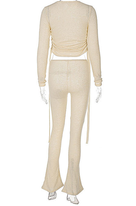 Khaki Euramerican Women Trendy Drawsting Long Sleeve Tops Bodycon Solid Color Tiny Flared Pants Sets KLK186110-1
