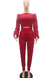 Blue Women Lantern sleeve Pure Color Bodycon Fashion A Word Shoulder Elastic Force Pants Sets MR2117-4