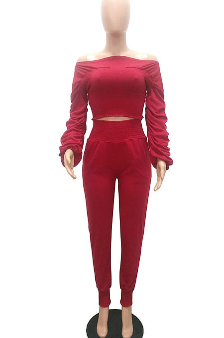 Blue Women Lantern sleeve Pure Color Bodycon Fashion A Word Shoulder Elastic Force Pants Sets MR2117-4