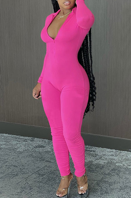 Rose Red Cotton Blend Long Sleeve Zip Front Slim Fitting Solid Color Bodycon Jumpsuits YSH86261-1