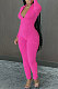 Rose Red Cotton Blend Long Sleeve Zip Front Slim Fitting Solid Color Bodycon Jumpsuits YSH86261-1